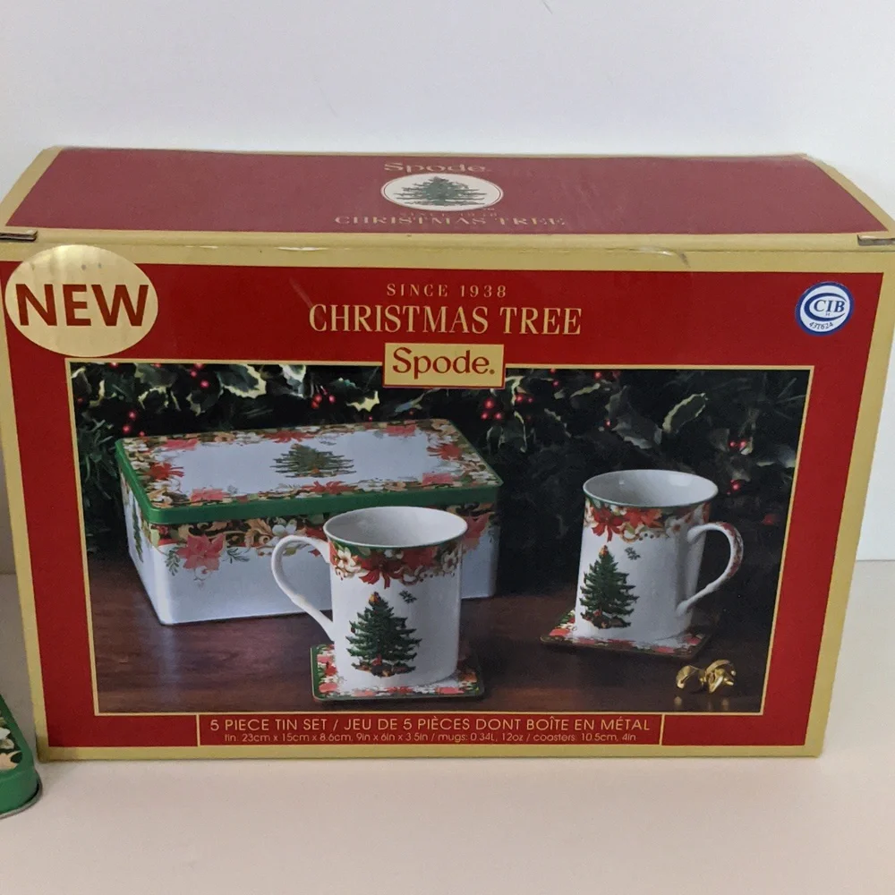 Spode Mugs Christmas Tree Collectible Tin No Coasters New Macy's